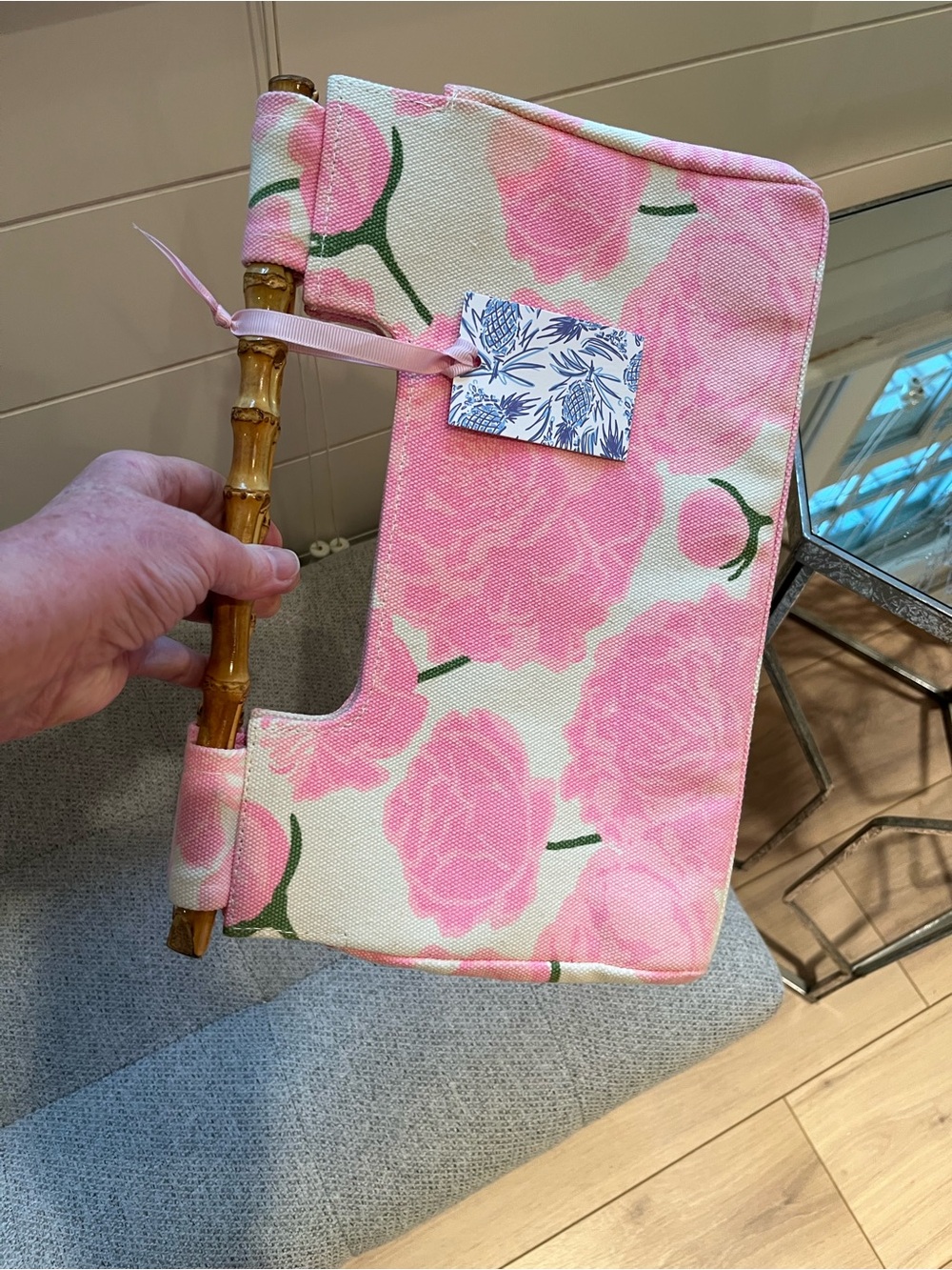 NWT Lilibridge Pink Peonies Resort Floral Canvas Clutch Tote bag bamboo handles - Picture 12 of 16
